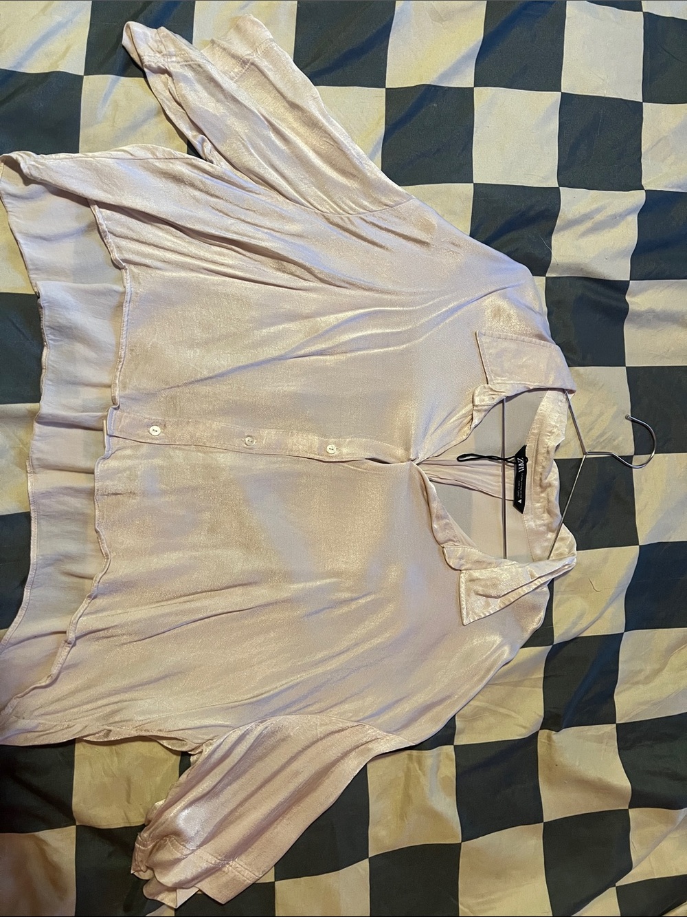 Zara Light Pink Satin Button-Down Blouse